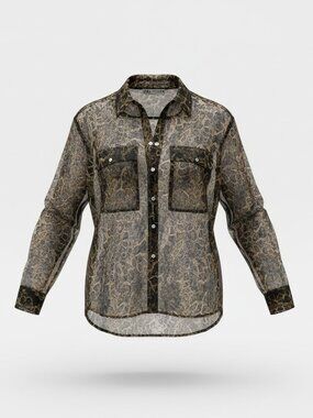 ZARA Sheer Snake-Print Lace Button Down Top - Size XL